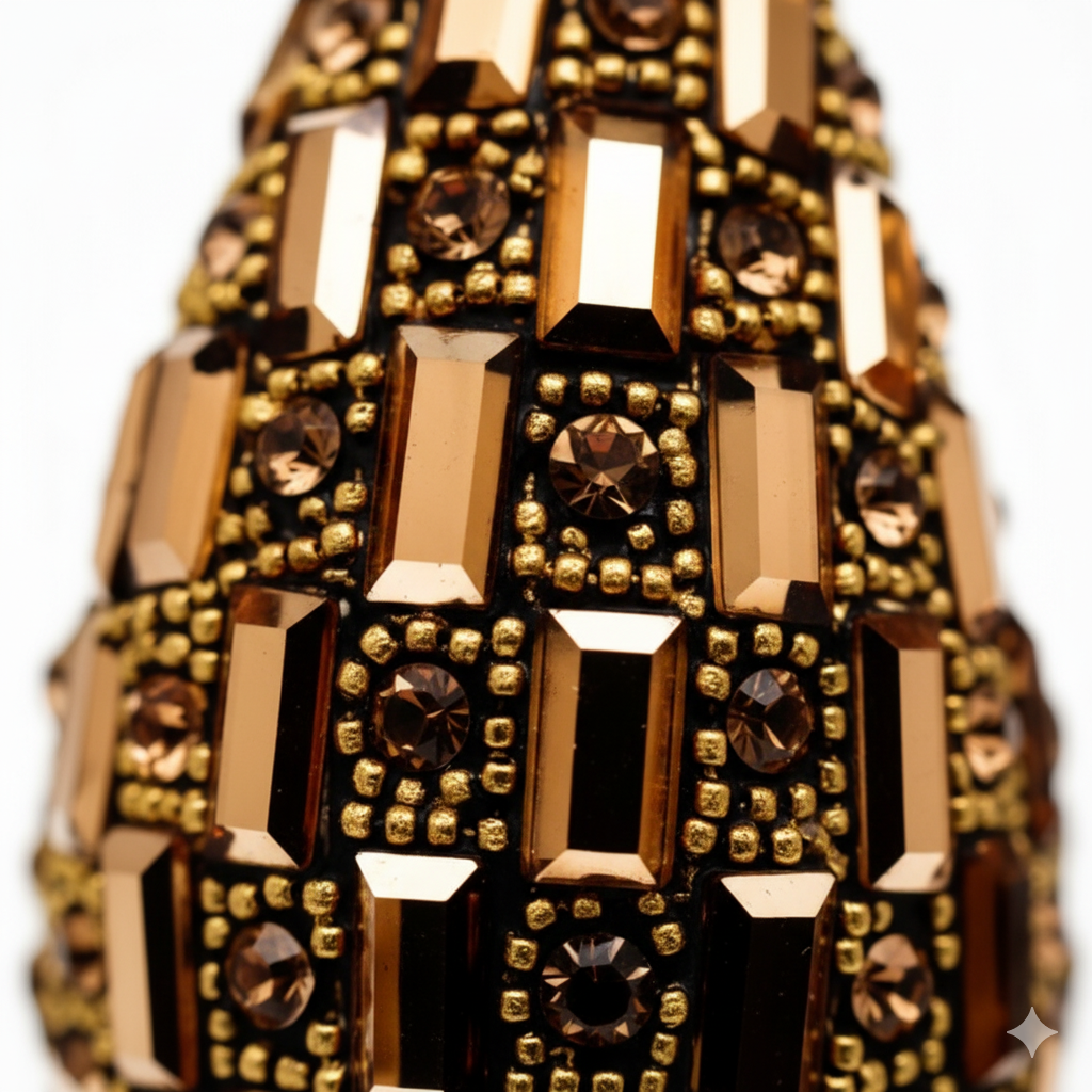 Close-up of a gold and brown gemstone ring on a white background
