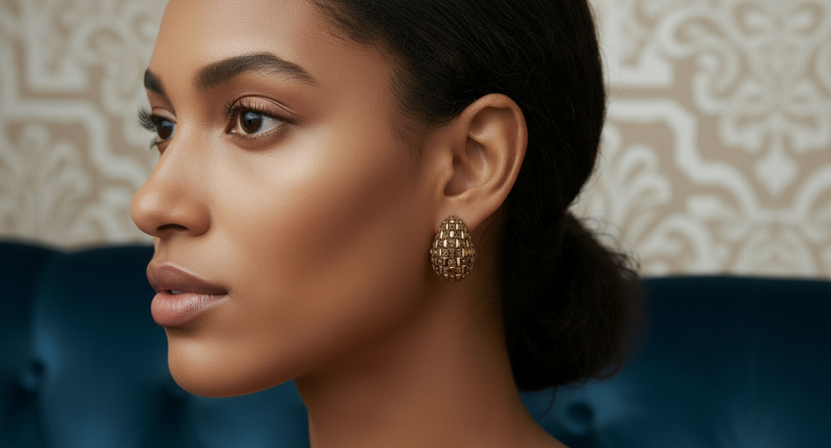 Model wearing gold earrings with a patterned wall and blue chair in the background