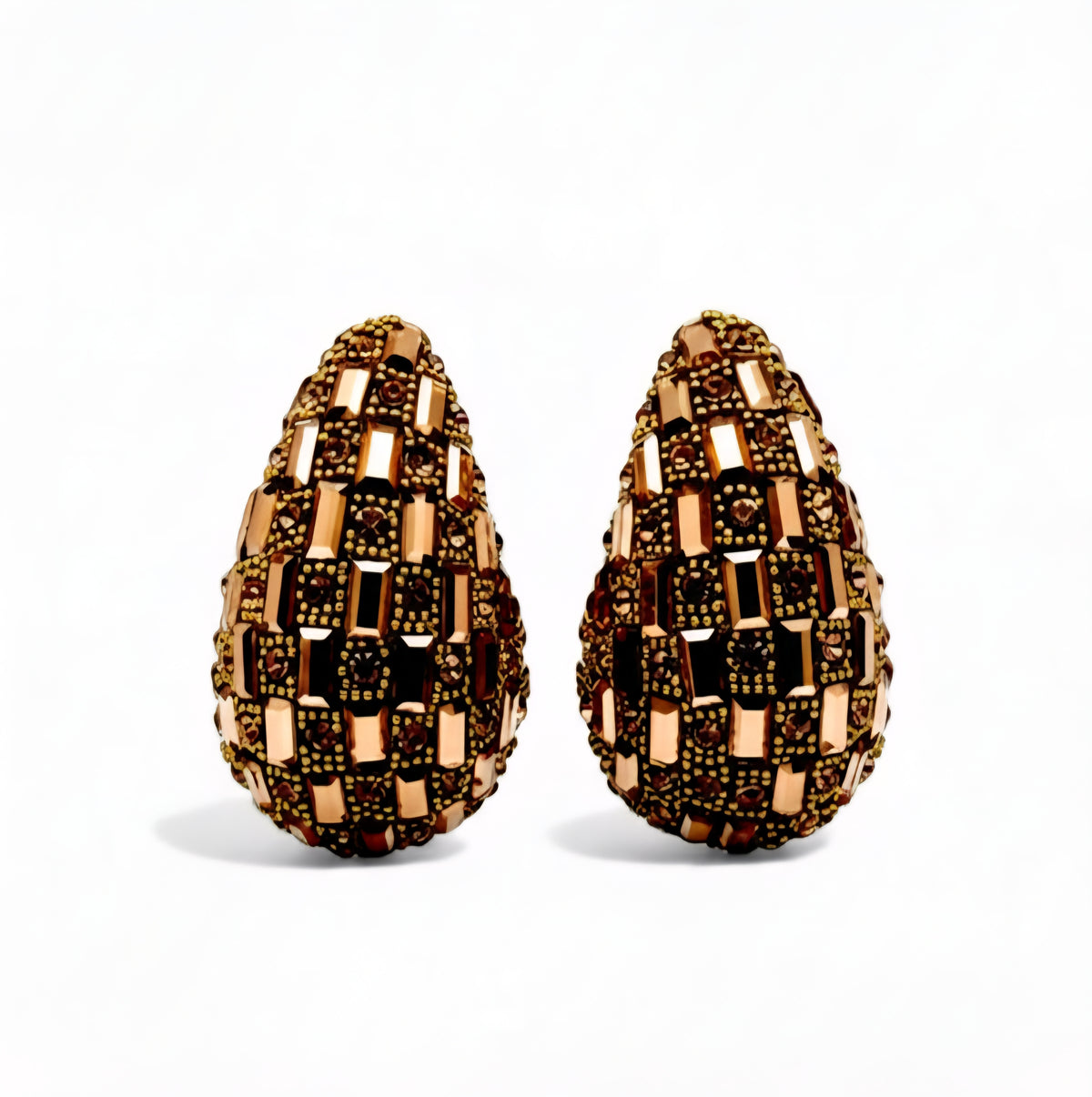 Pair of gold and brown checkered earrings on a white background