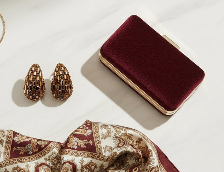 Maroon and gold patterned scarf, earrings, and small box on a white background