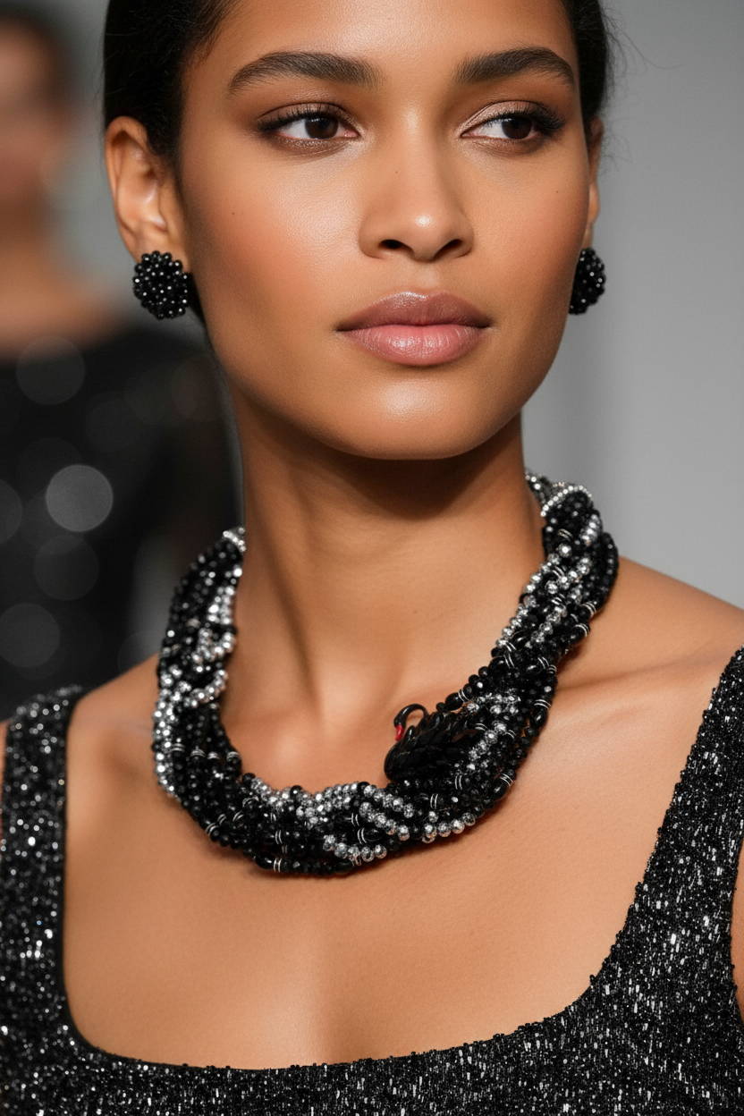 Elara Midnight Swan Necklace featuring layered faceted black and silver glass beads with rhinestone details and oversized pavé clasp._ZOHARAS VOGUE