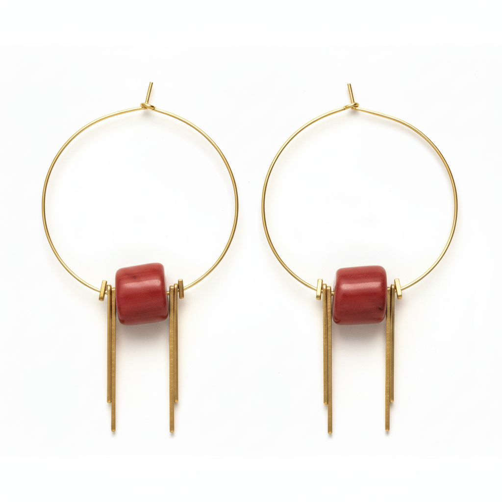 Elena Hoops gold earrings with carnelian stone on model - minimalist modern hoop earrings with brass bar drops, handcrafted jewelry by ZoharasVogue