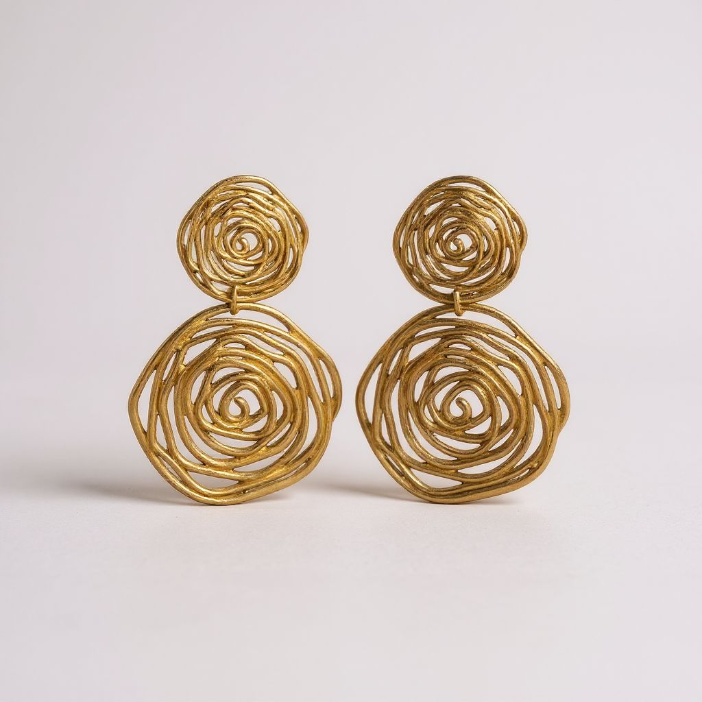 18K gold-plated vintage-inspired disc earrings, 2 x 1.5 inches, with stud backing and polished sculptural finish.