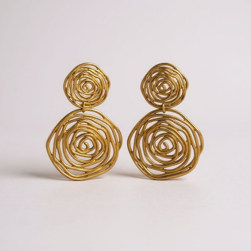 18K gold-plated vintage-inspired disc earrings, 2 x 1.5 inches, with stud backing and polished sculptural finish.