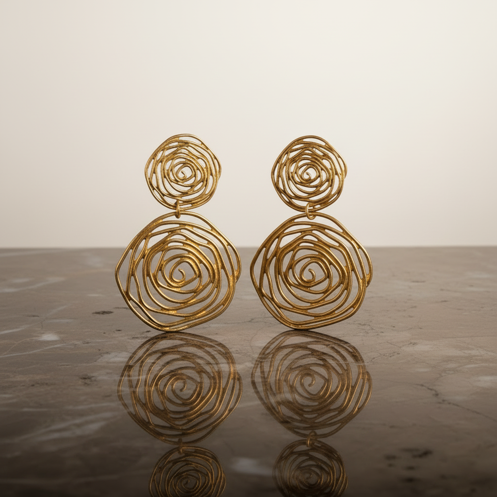 18K gold-plated vintage-inspired disc earrings, 2 x 1.5 inches, with stud backing and polished sculptural finish.
