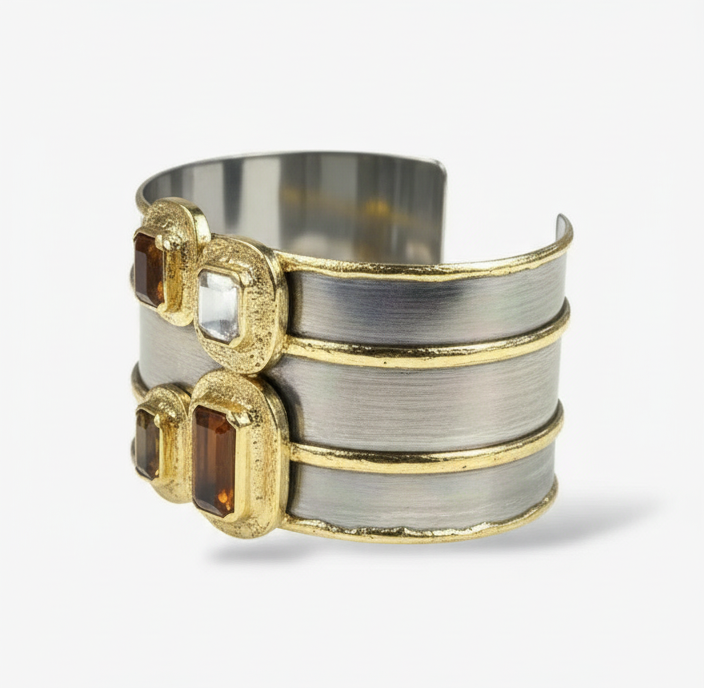 Handcrafted wide cuff bracelet with dark rectangular gemstones, pearl accents, and bold gold-tone detailing.