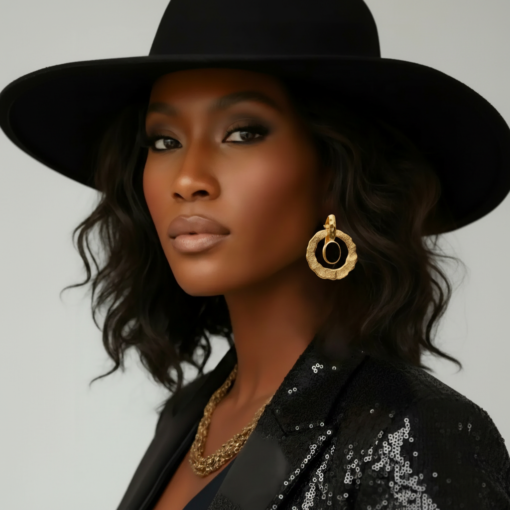 Model wearing a black hat, gold earrings, and a black sequin outfit on a gray background_ZoharasVogue