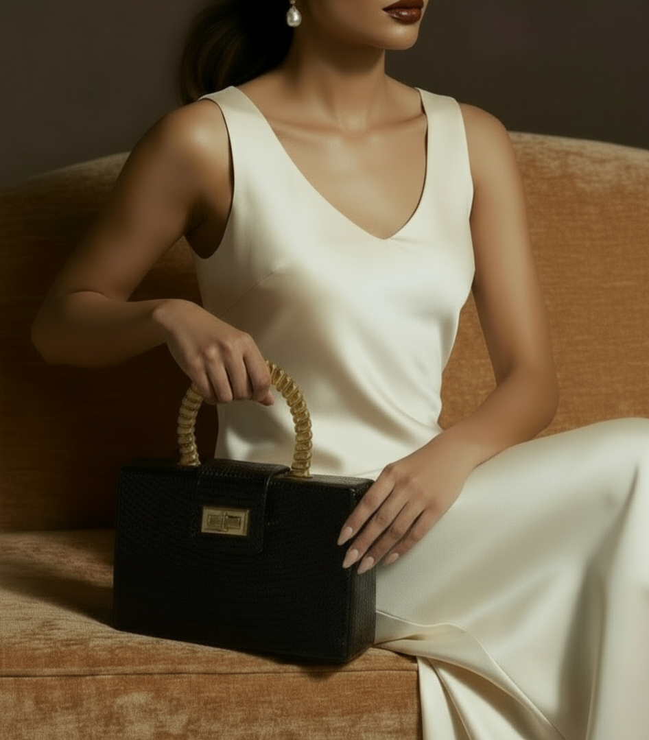 Soli & Sun Noir Solstice black buntal clutch with shell inlay handle and gold bead accents. ZoharasVogue