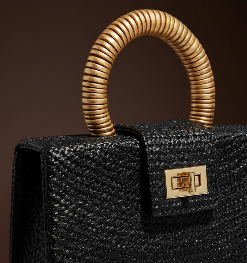 Soli & Sun Noir Solstice black buntal clutch with shell inlay handle and gold bead accents. ZoharasVogue