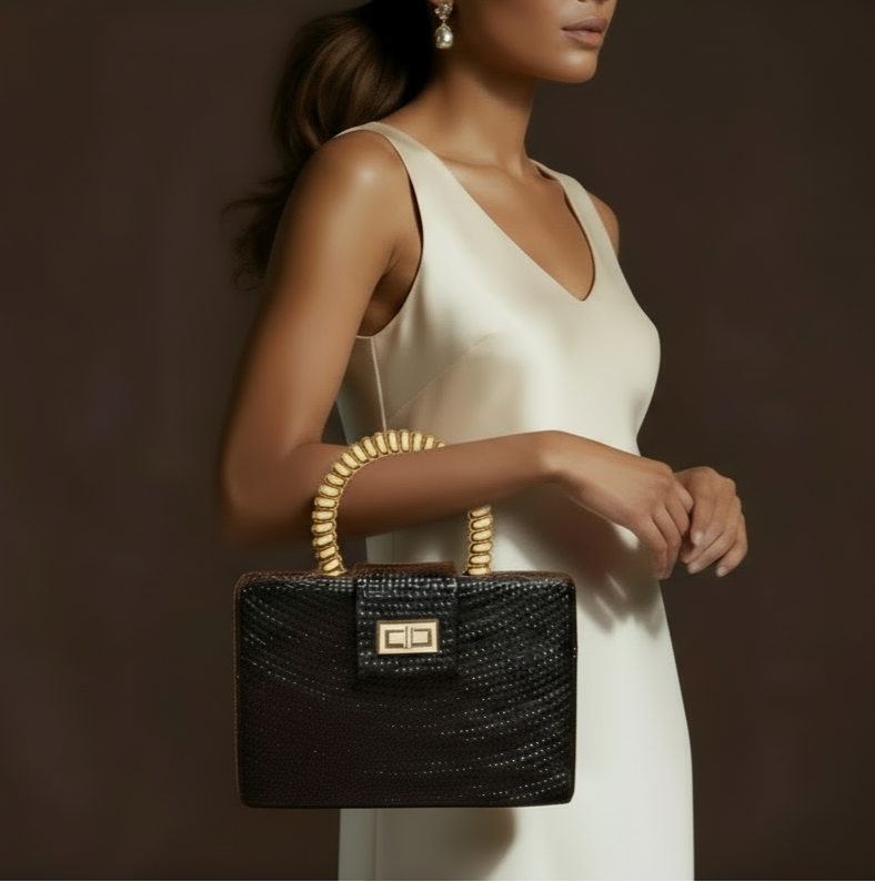 Soli & Sun Noir Solstice black buntal clutch with shell inlay handle and gold bead accents. ZoharasVogue