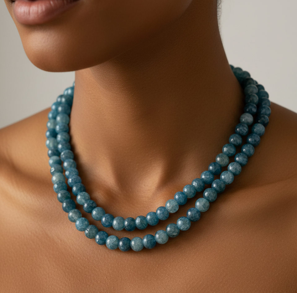 The Nyah Water Drop Necklace features a sculptural gold-tone beaded choker, lightweight CCB accents, and a geometric water-drop pendant. A vintage-inspired yet modern statement piece designed for bold, artistic styling.