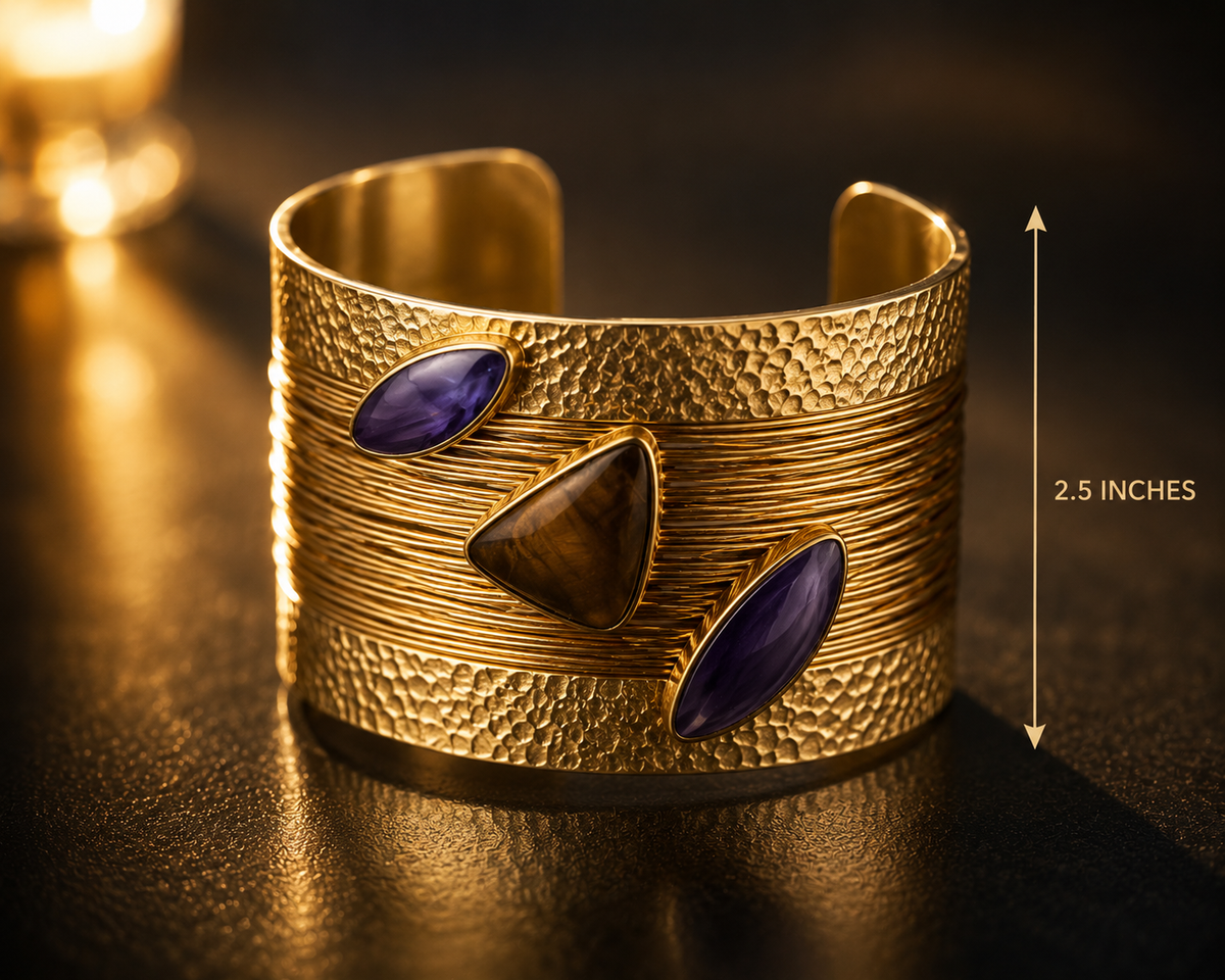 The_Obsidian_Empress_Cuff_ZoharasVogue, a wide gold cuff bracelet with a hammered and wrapped texture, featuring three decorative inlays: two oval purple stones and one triangular brown stone. A vertical measurement marker on the right reads 2.