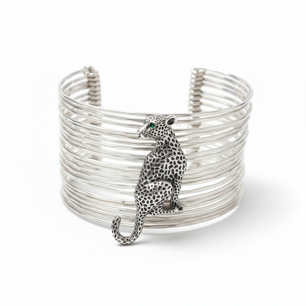 annah Cuff silver statement bracelet Savannah Cuff featuring oxidized leopard charm with green eyes on multi-strand wire cuff - handcrafted statement jewelry by ZoharasVogue
