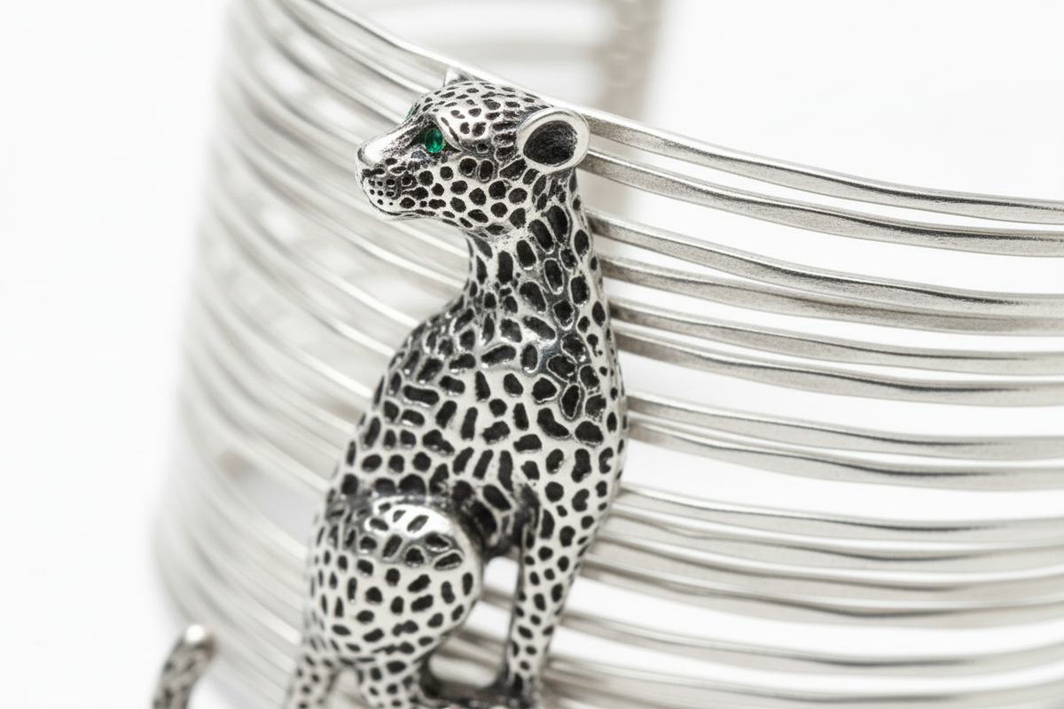 The Savannah Cuff featuring oxidized leopard charm with green eyes on multi-strand wire cuff - handcrafted statement jewelry by ZoharasVogue