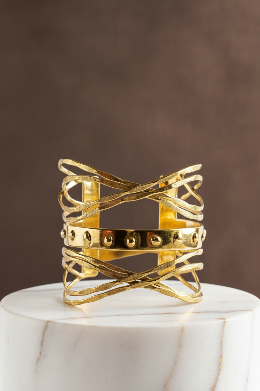 Gold multi-layered handcrafted brass cuff with intersecting sculptural bands and central studded detail. ZoharasVogue 