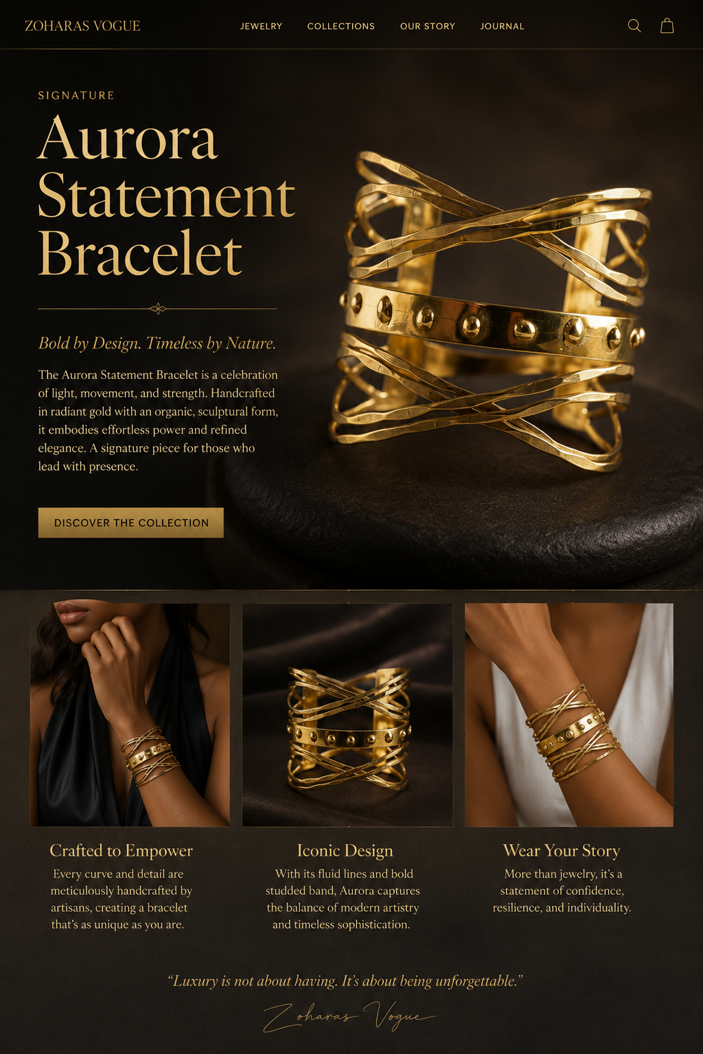 The Sculptural Flux Cuff - ZOHARAS VOGUE. The main product is a wide, multi-layered gold statement bracelet with small gold bead details, shown on a dark stone background.