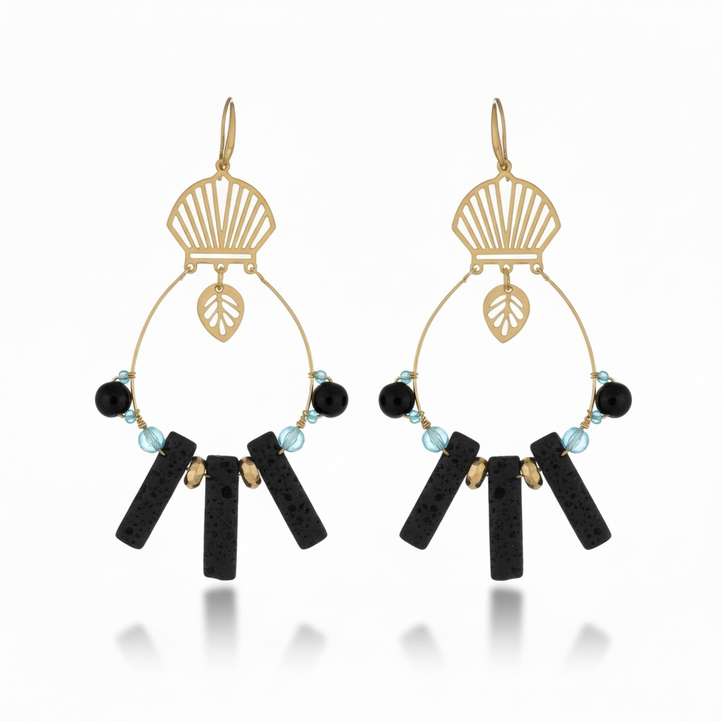 Handcrafted gold-tone statement earrings featuring a fan-shaped top, open hoop design, black textured bar beads, navy and aqua accent beads, gold spacers, and a small leaf charm.
