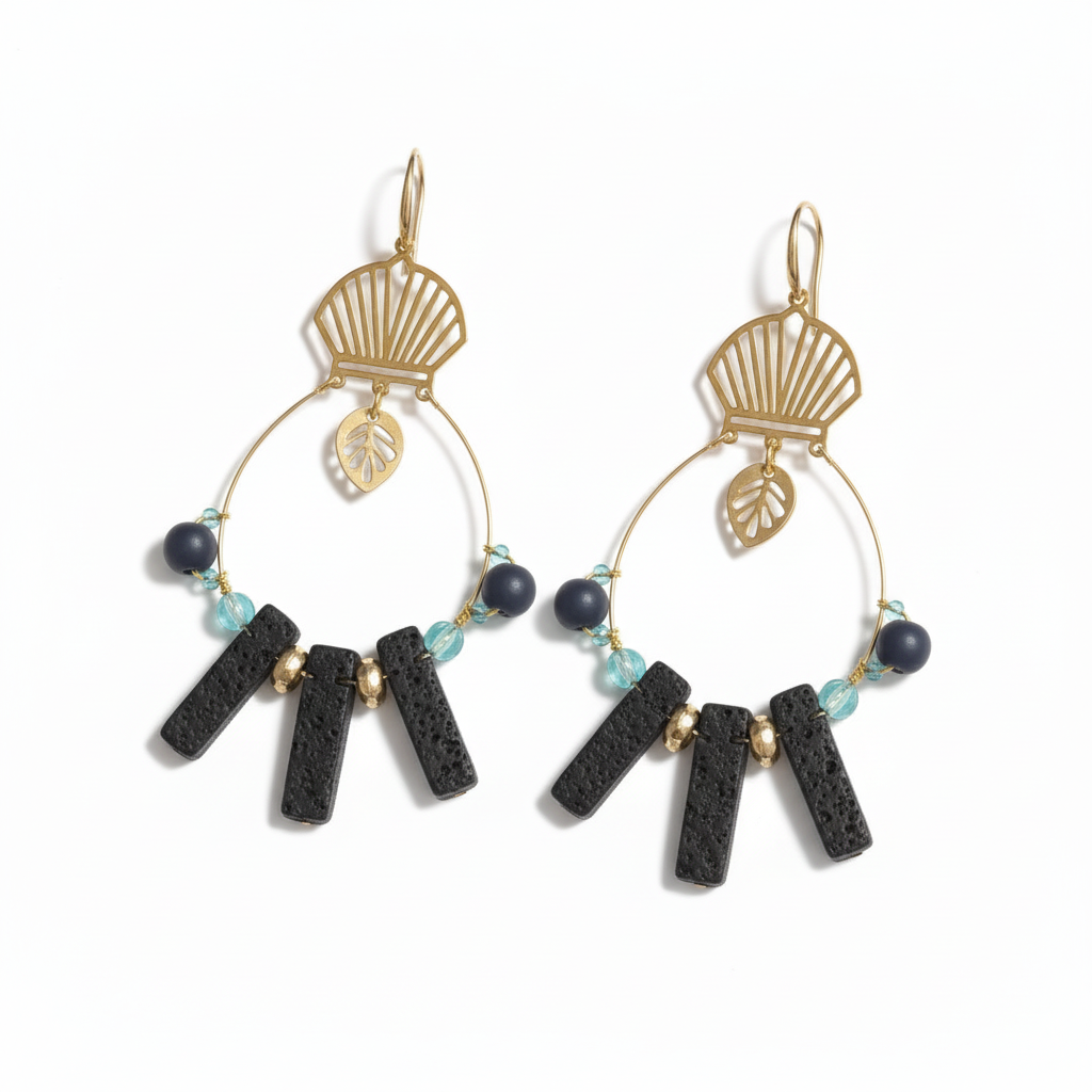 Handcrafted gold-tone statement earrings featuring a fan-shaped top, open hoop design, black textured bar beads, navy and aqua accent beads, gold spacers, and a small leaf charm. ZoharasVogue 