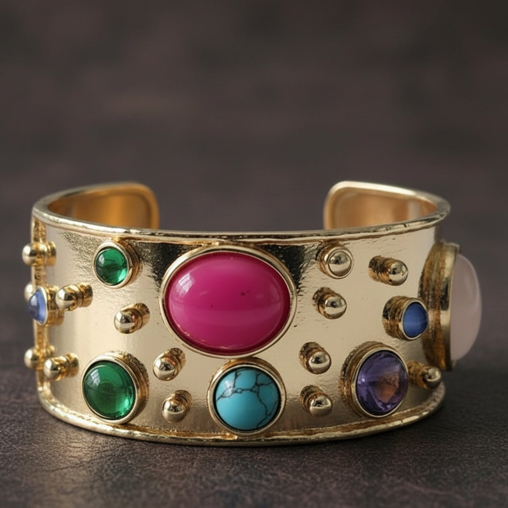 Gold ring with colorful gemstones on a white background_ ZoharasVogue 