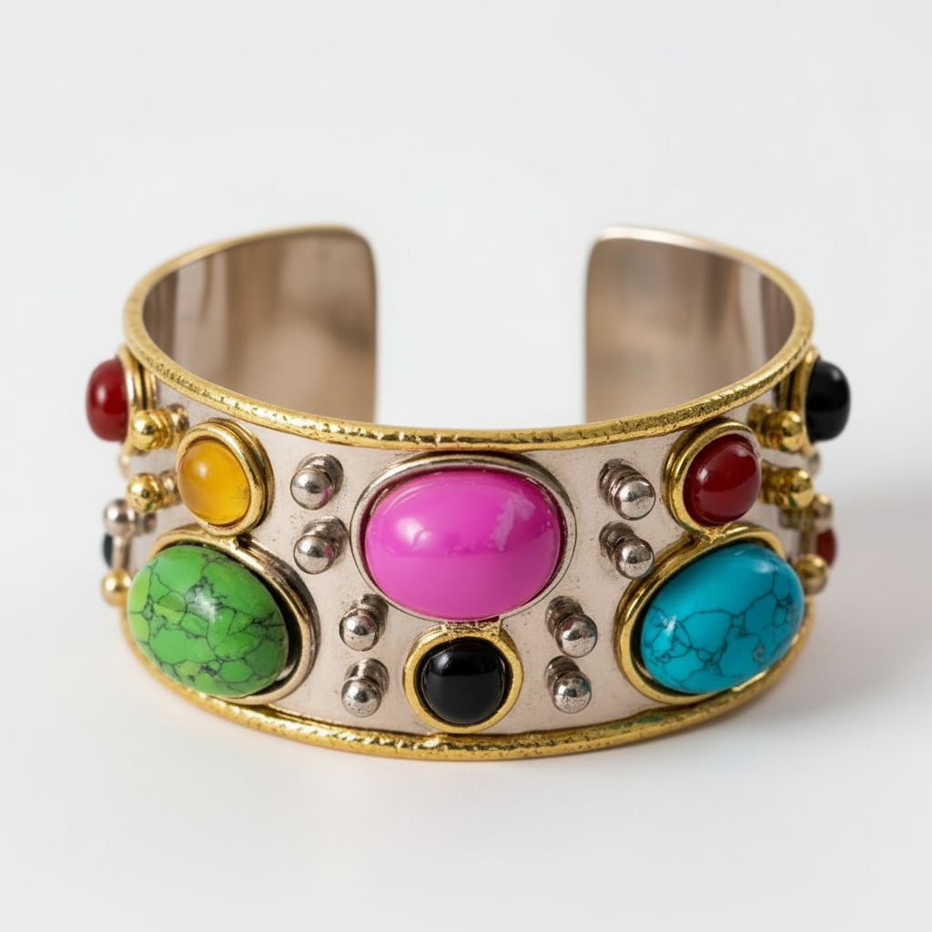 The Seraphina Gem Cuff — gold geometric bracelet featuring green malachite and oval simulated pearls.