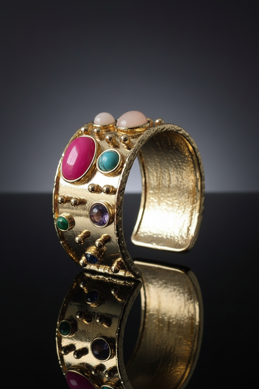 Gold ring with colorful gemstones on a white background_ ZoharasVogue 
