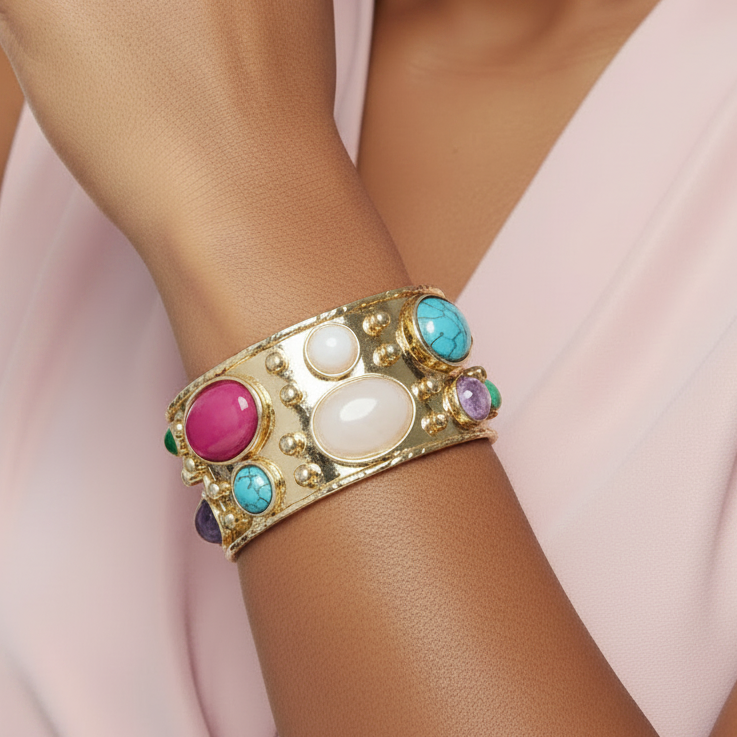Gold ring with colorful gemstones on a white background_ ZoharasVogue 