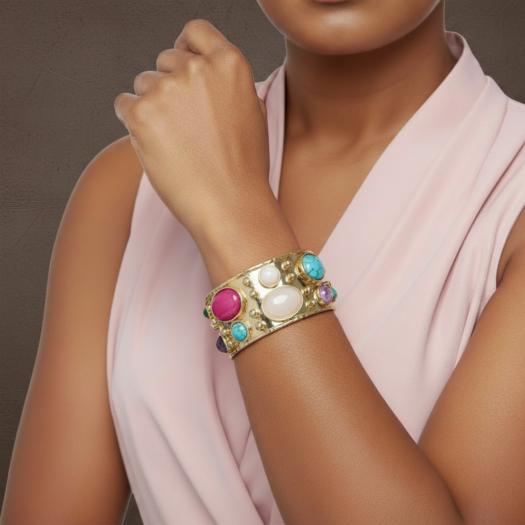 Gold ring with colorful gemstones on a white background_ ZoharasVogue 