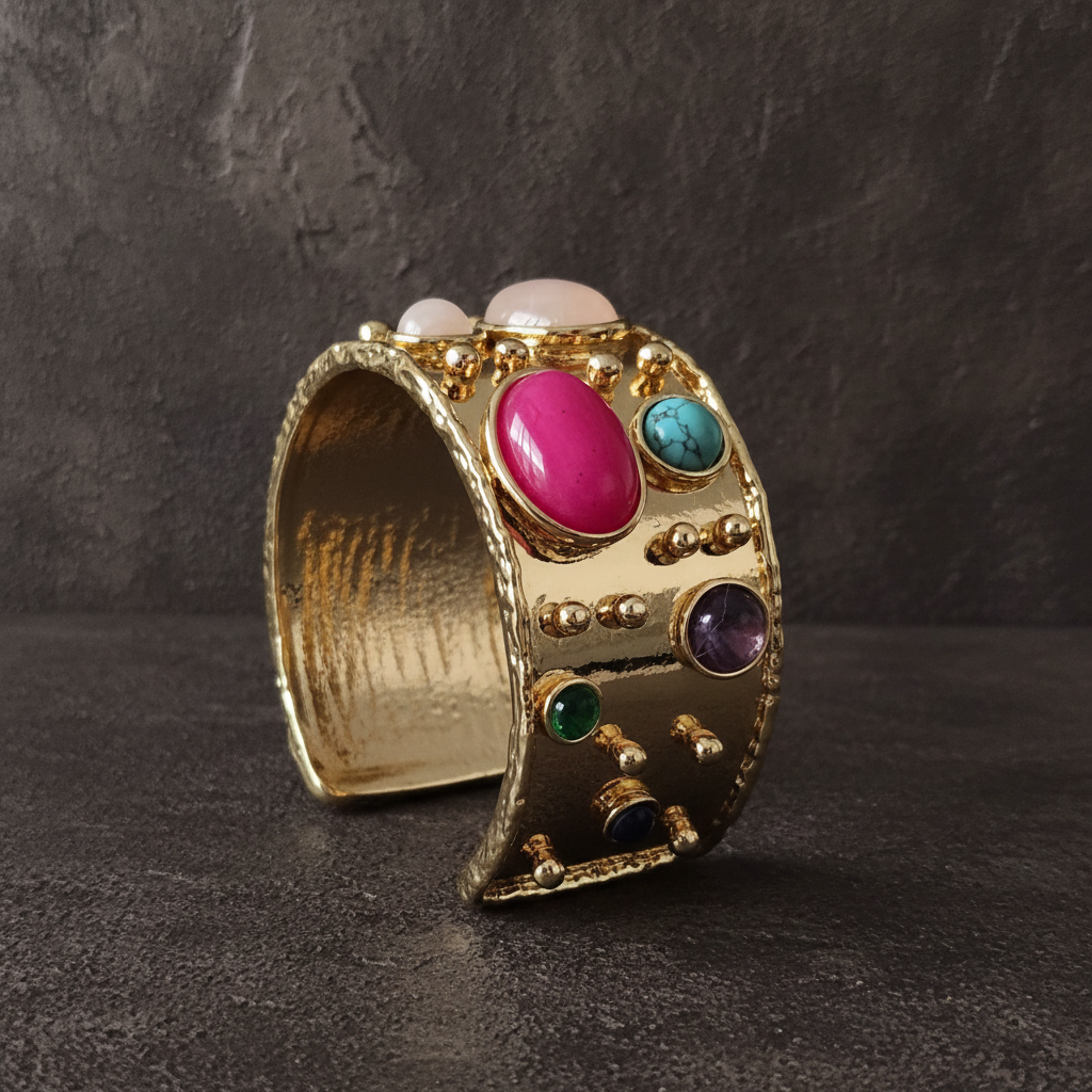 Seraphina Gem Cuff - Gold ring with colorful gemstones on a white background_