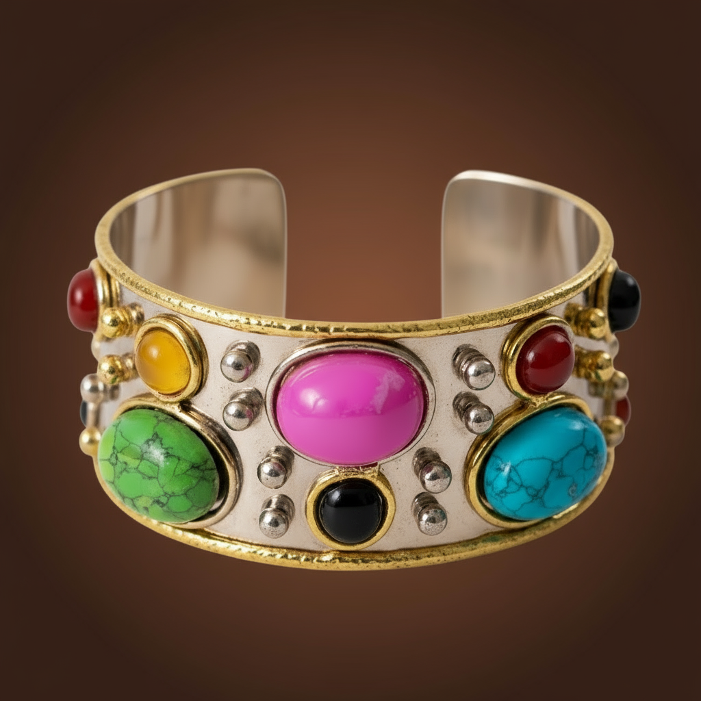 The Seraphina Gem Cuff — gold geometric bracelet featuring green malachite and oval simulated pearls.