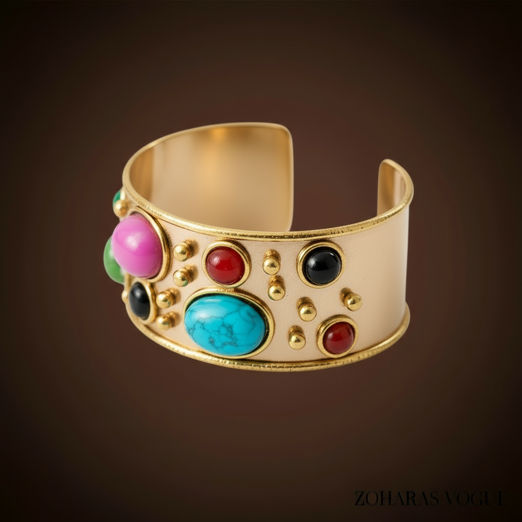 The Seraphina Gem Cuff — gold geometric bracelet featuring green malachite and oval simulated pearls.