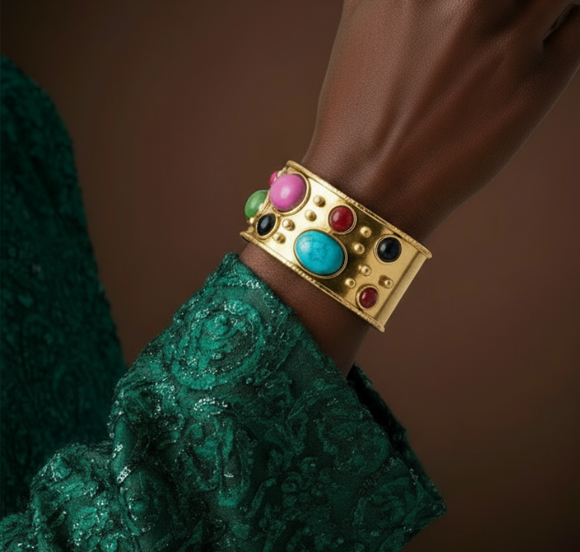 The Seraphina Gem Cuff — gold geometric bracelet featuring green malachite and oval simulated pearls.