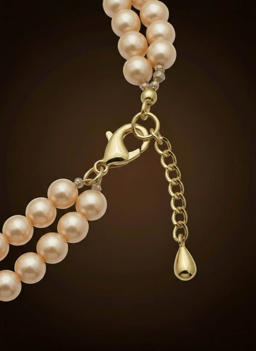 Elegant statement necklace with double gold chains and warm amber glass stones styled on neutral background. ZoharasVogue