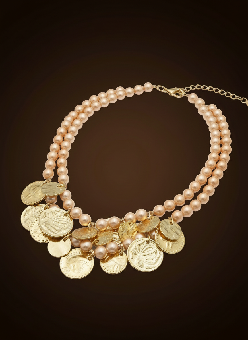Elegant statement necklace with double gold chains and warm amber glass stones styled on neutral background. ZoharasVogue