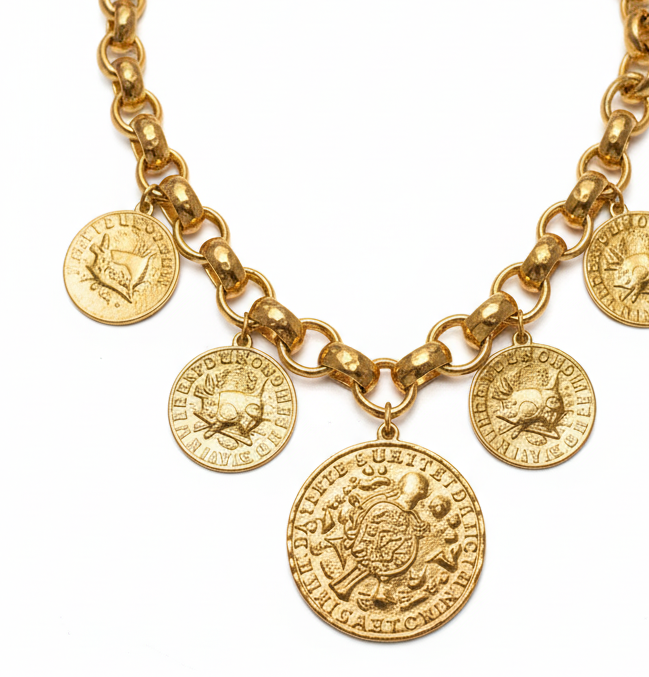 18K gold-plated long necklace with large coin pendant, floral link detail, and thick geometric chain, 48+5 cm_ZoharasVogue
