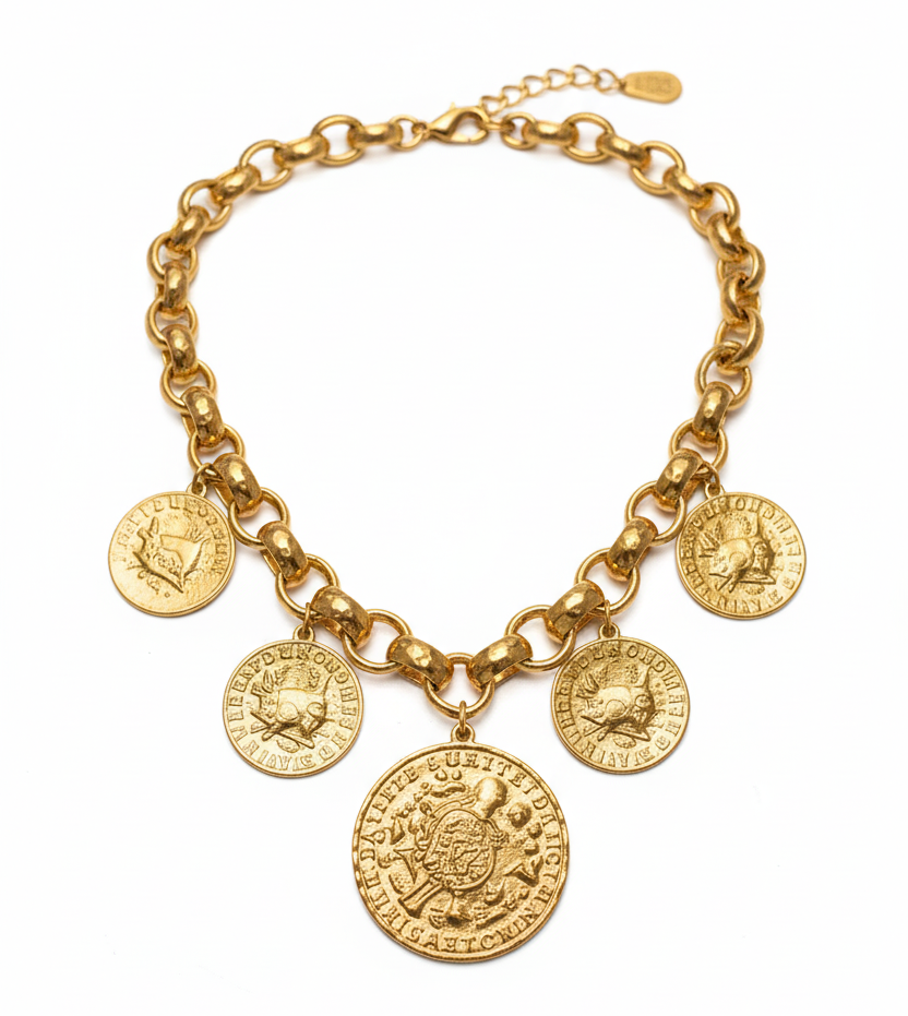 18K gold-plated long necklace with large coin pendant, floral link detail, and thick geometric chain, 48+5 cm_ZoharasVogue