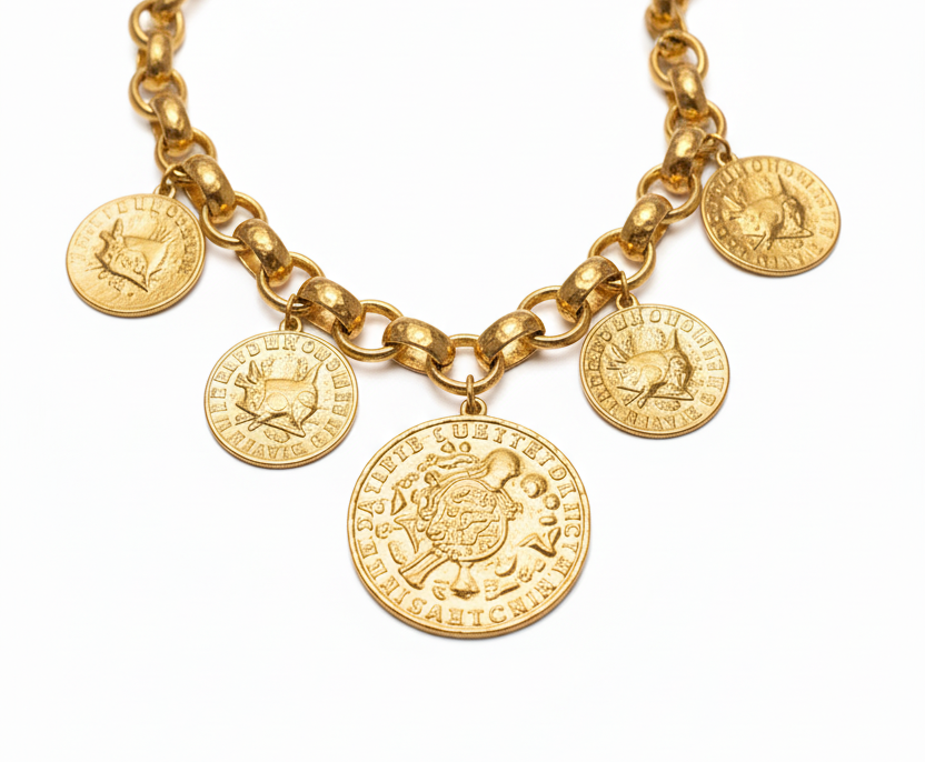 18K gold-plated long necklace with large coin pendant, floral link detail, and thick geometric chain, 48+5 cm_ZoharasVogue