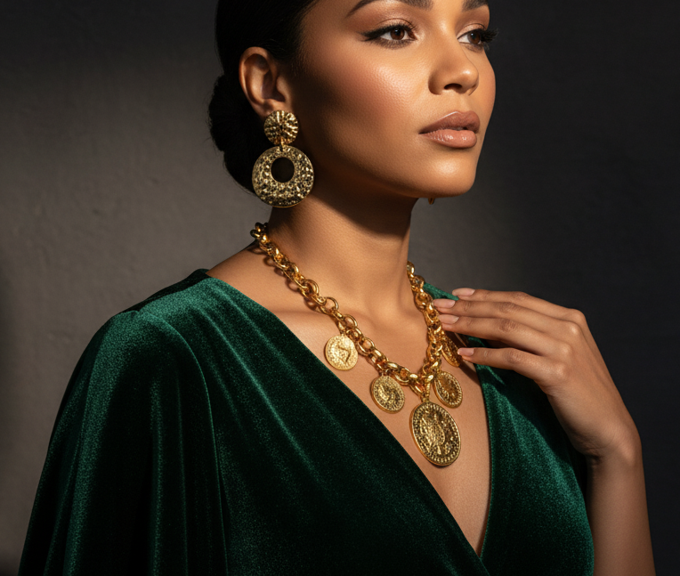 18K gold-plated long necklace with large coin pendant, floral link detail, and thick geometric chain, 48+5 cm_ZoharasVogue