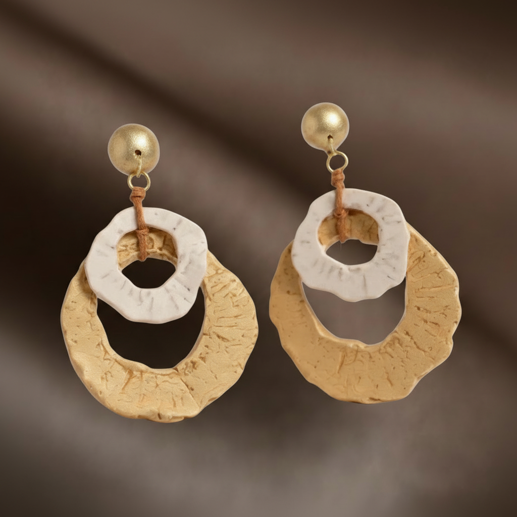 Pair of earrings with circular design on a green background_ZoharasVogue