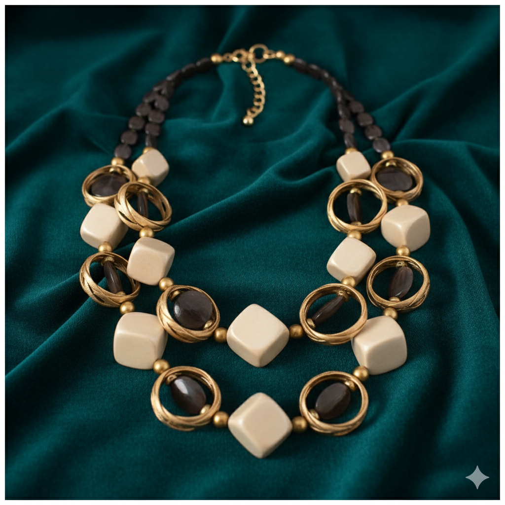 Double-layer statement necklace made of Gmelina arborea wood, glossy resin, seabeads, and textured raffia with bold geometric shapes.ZoharasVogue