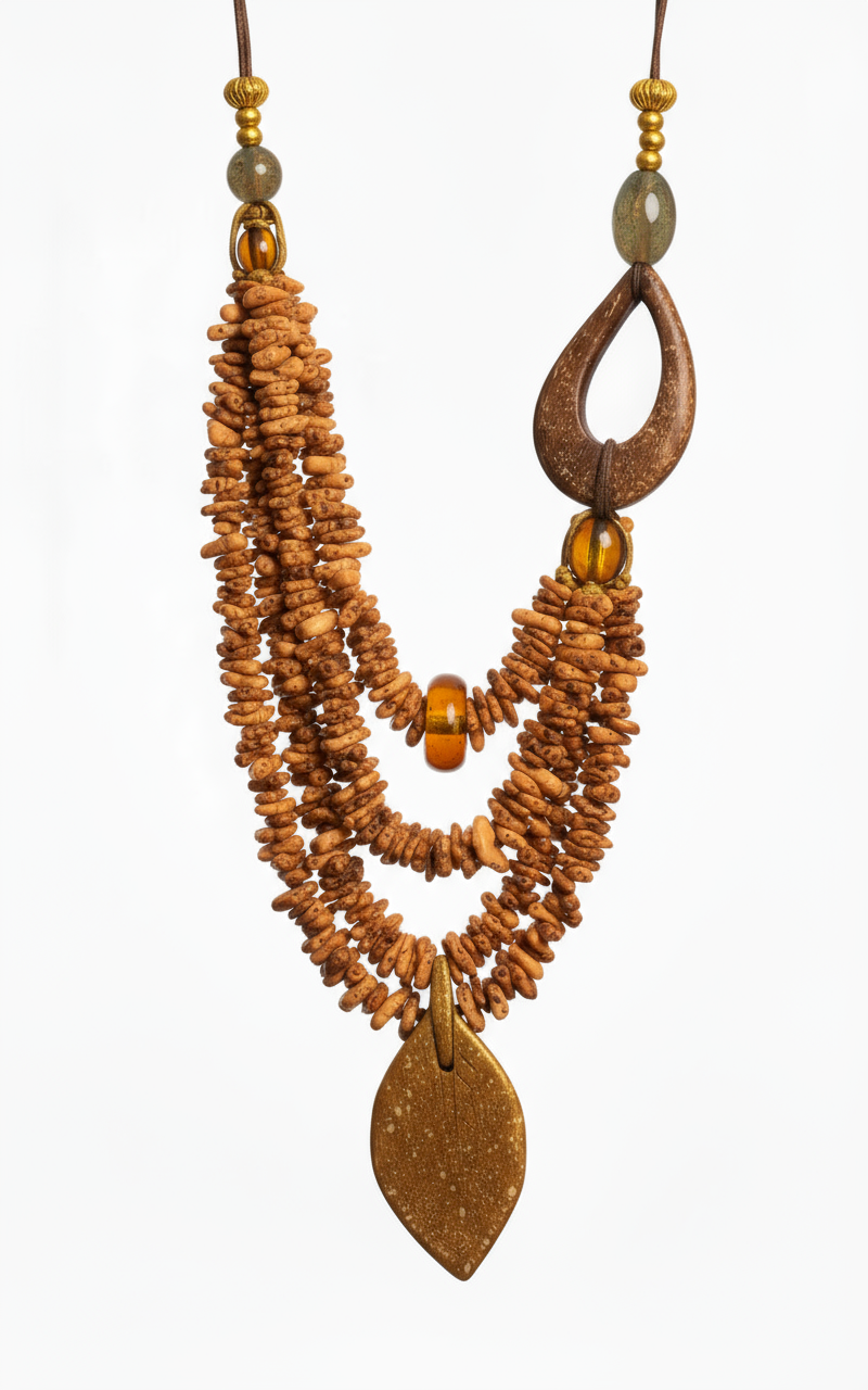 Uncompromised Necklace with layered natural beads, oversized pendant, and leaf charm, showcasing bold and timeless design
