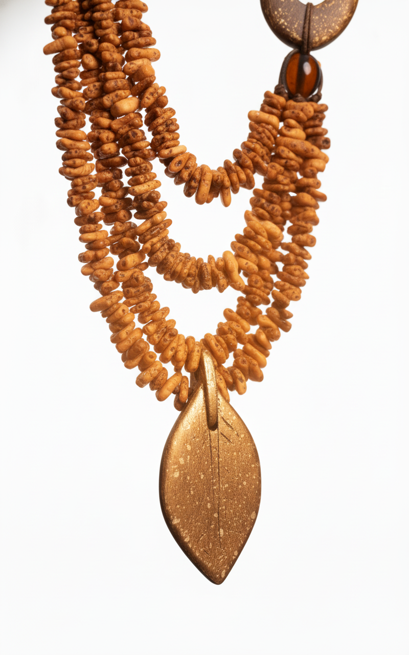 Uncompromised Necklace with layered natural beads, oversized pendant, and leaf charm, showcasing bold and timeless design