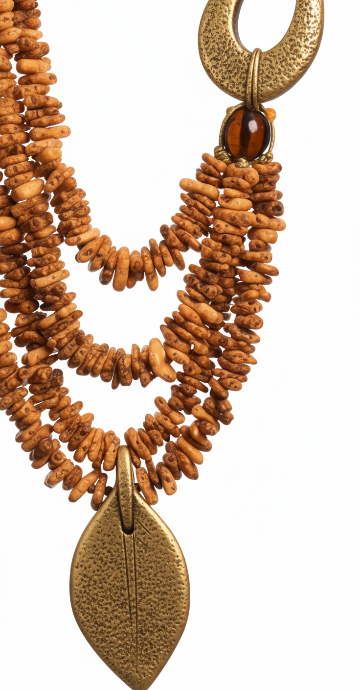 Uncompromised Necklace with layered natural beads, oversized pendant, and leaf charm, showcasing bold and timeless design