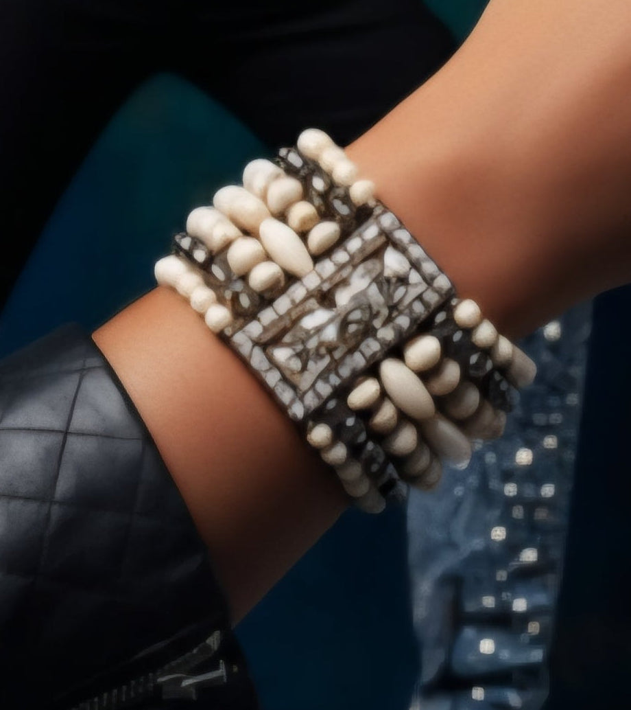 Unrestrained Bracelet featuring layered natural beads and mosaic centerpiece with ivory and earthy tones, embodying bold sophistication. ZoharasVogue