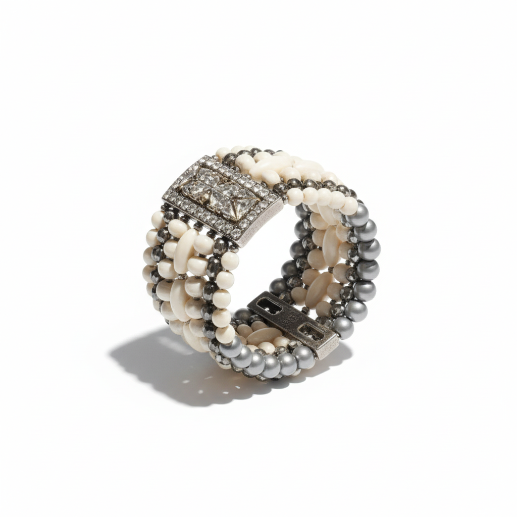 Unrestrained Bracelet featuring layered natural beads and mosaic centerpiece with ivory and earthy tones, embodying bold sophistication. ZoharasVogue