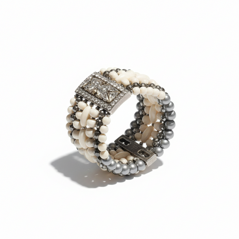 Unrestrained Bracelet featuring layered natural beads and mosaic centerpiece with ivory and earthy tones, embodying bold sophistication. ZoharasVogue