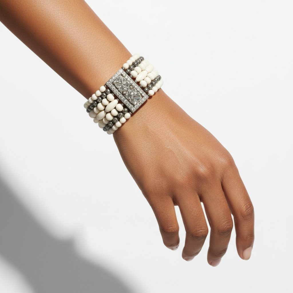 The Unrestrained Bracelet featuring layered natural beads and mosaic centerpiece with ivory and earthy tones, embodying bold sophistication. ZoharasVogue