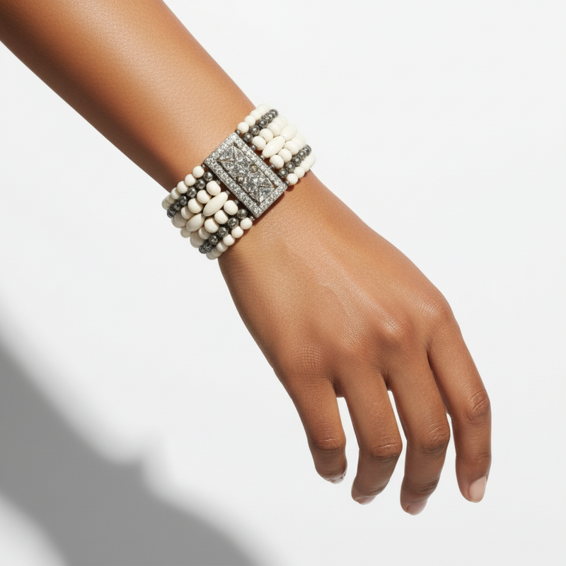 The Unrestrained Bracelet featuring layered natural beads and mosaic centerpiece with ivory and earthy tones, embodying bold sophistication. ZoharasVogue