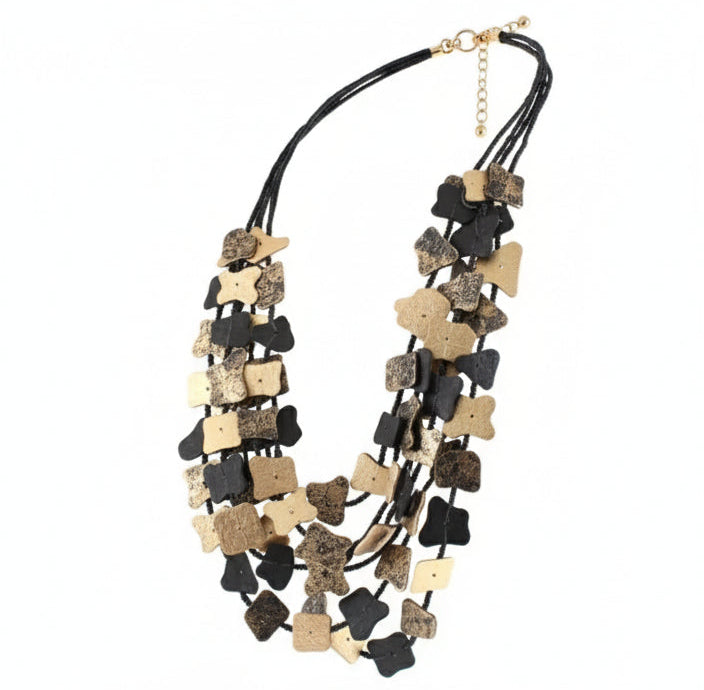 Five-layer paper mâché geometric link statement necklace with cascading sculptural design.  ZoharasVogue