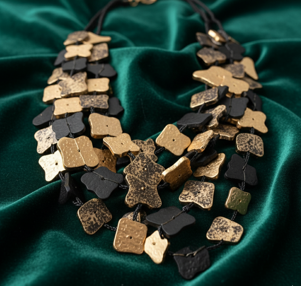 Five-layer paper mâché geometric link statement necklace with cascading sculptural design.  ZoharasVogue