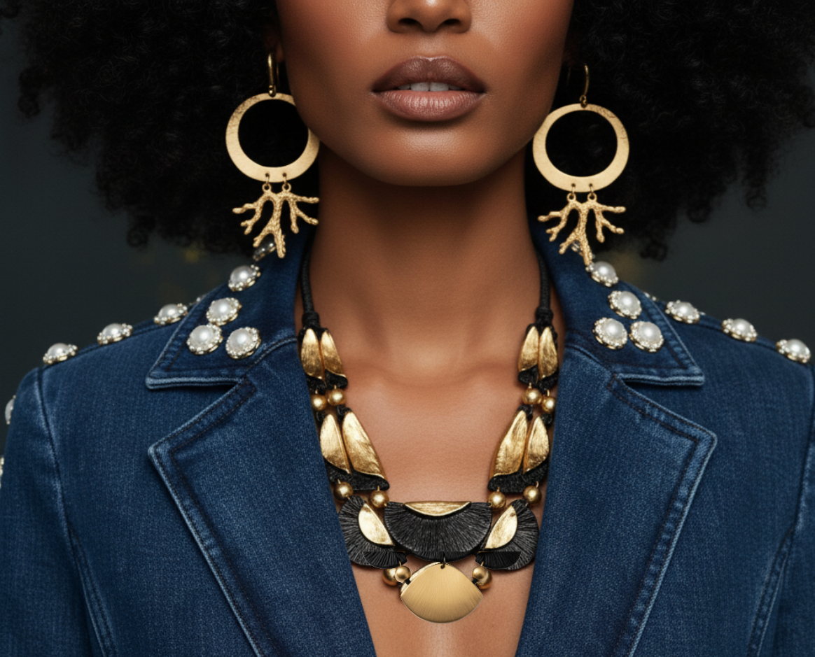 Unyielding Necklace featuring bold sculptural gold and black design with geometric accents, symbolizing strength and refined style. ZoharasVogue